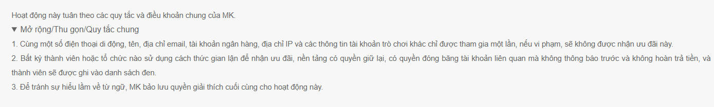 Quy tắc và điều khoản chung của MK